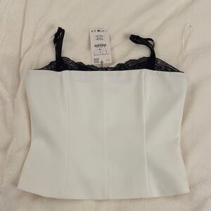 Zara White Corset Tank with Black Lace Trim